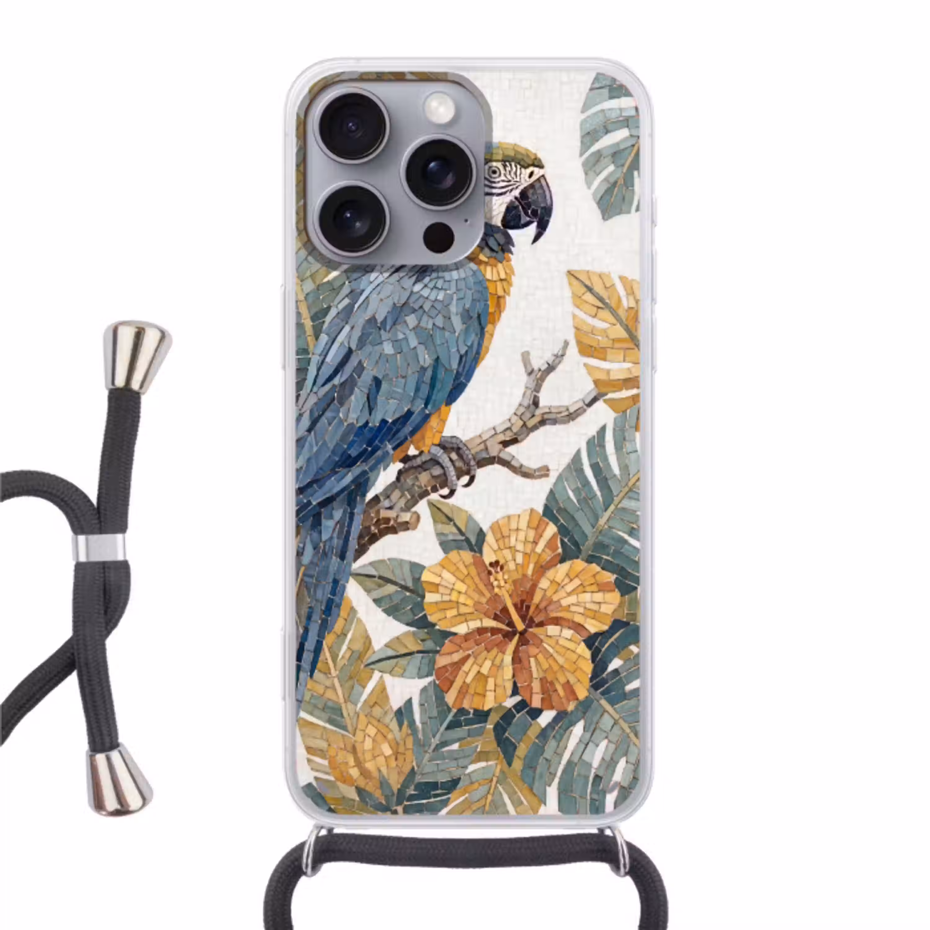 Vogel - Tak - Natuur - Mozaïek - Blauw Hoesje iPhone 16 Pro Max met koord klein -3d