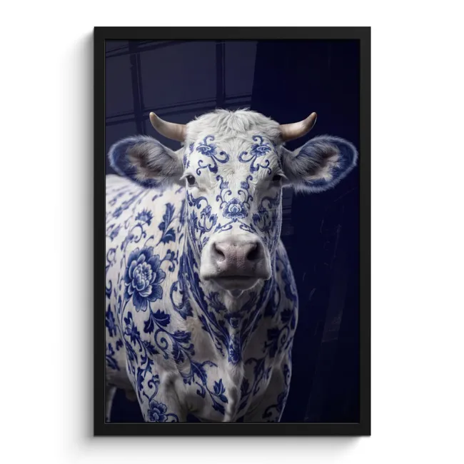 Poster met lijst - Koe - Delfts - Blauw - Artistiek
