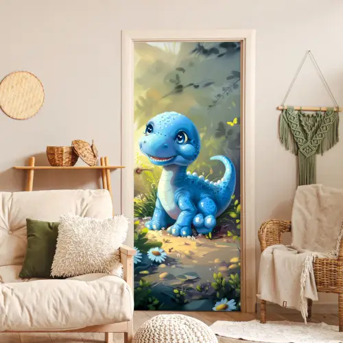 Dino - Blauw - Baby - Dinosaurus deurposter klein -sfeer2