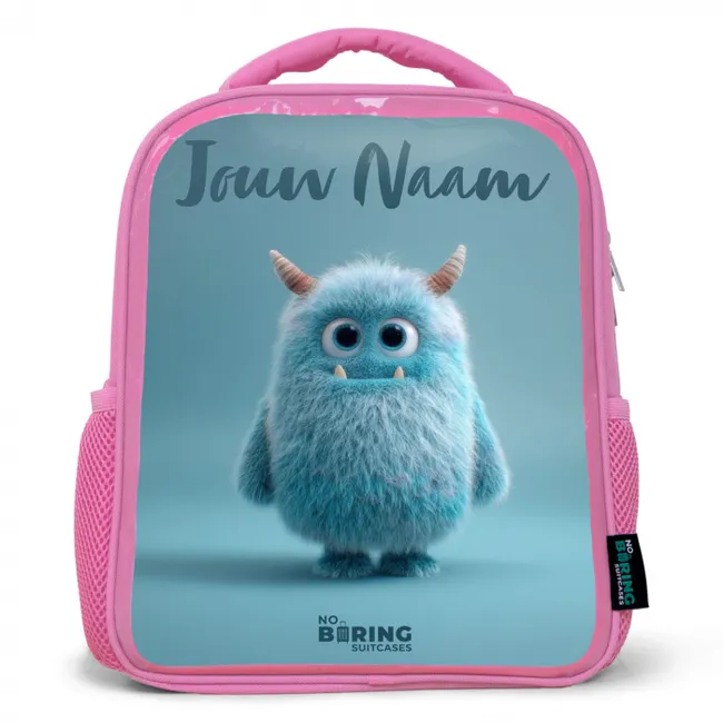 Rugzak kind met naam - Roze Blauw pluizig monster met hoorns