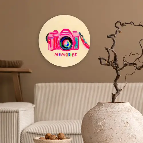 Camera - Memories - Roze - Geschilderd Wandcirkel kunststof plaat 5mm dik klein -sfeer1