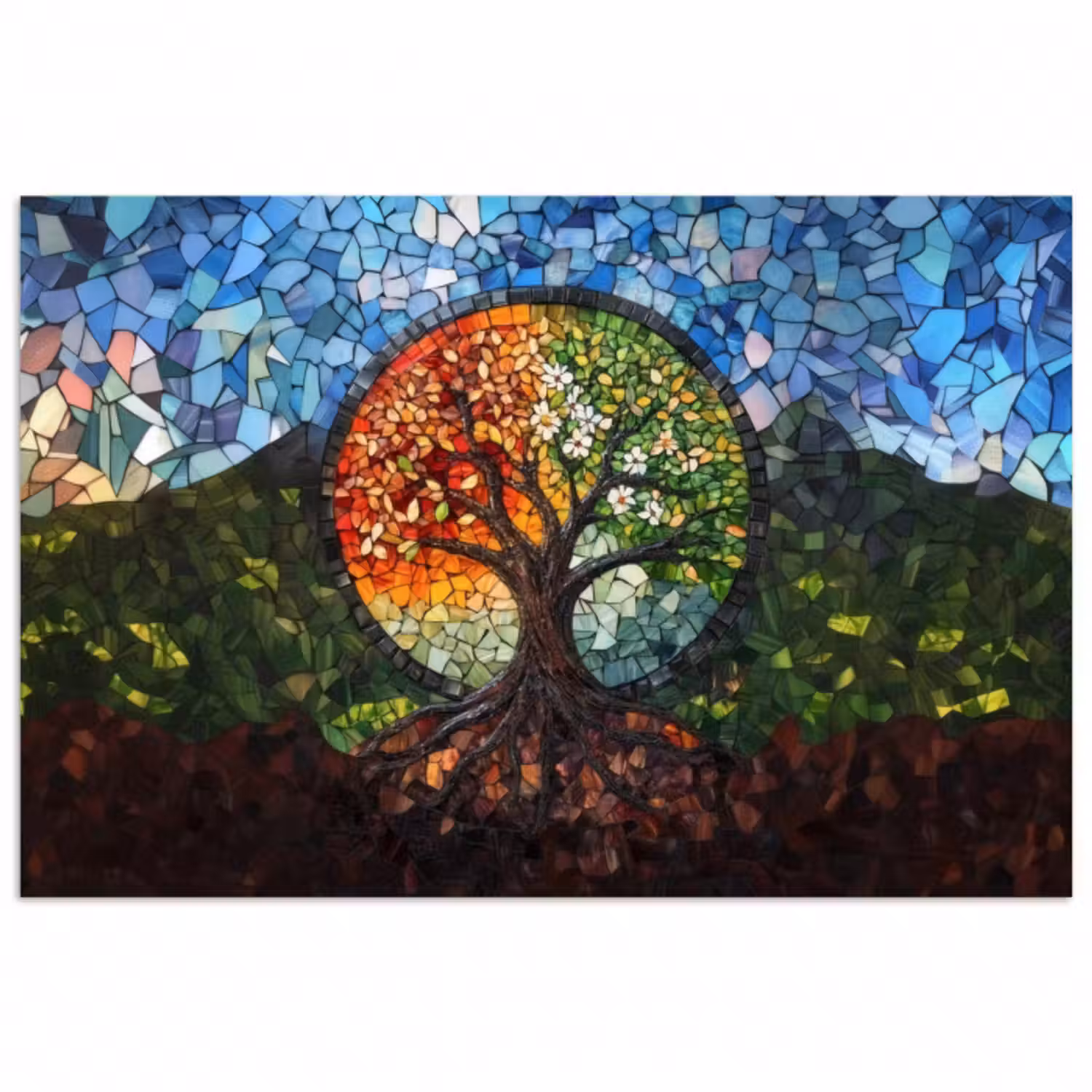 Poster - Baum - Jahreszeiten - Mosaik - Berge