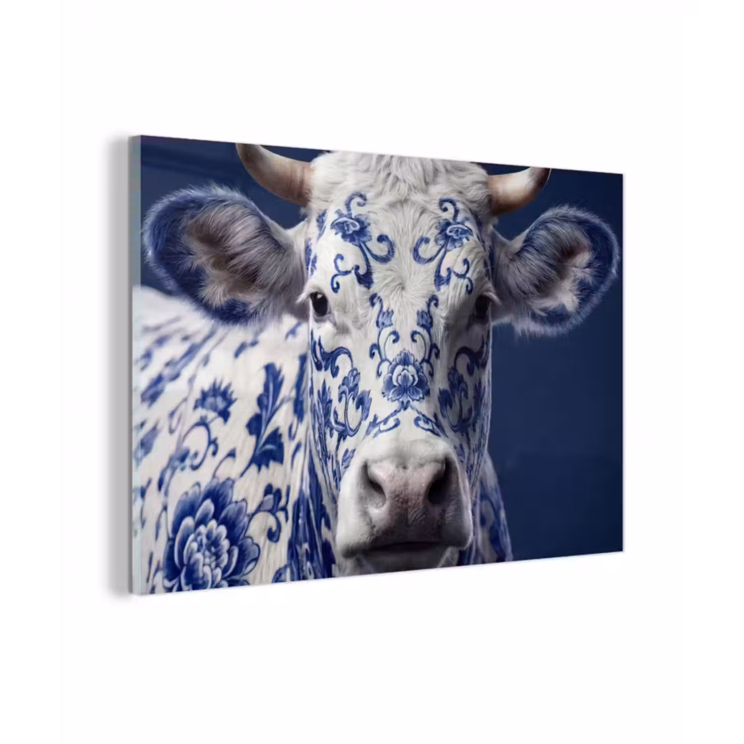 Glas schilderij - Koe - Delfts - Blauw - Artistiek
