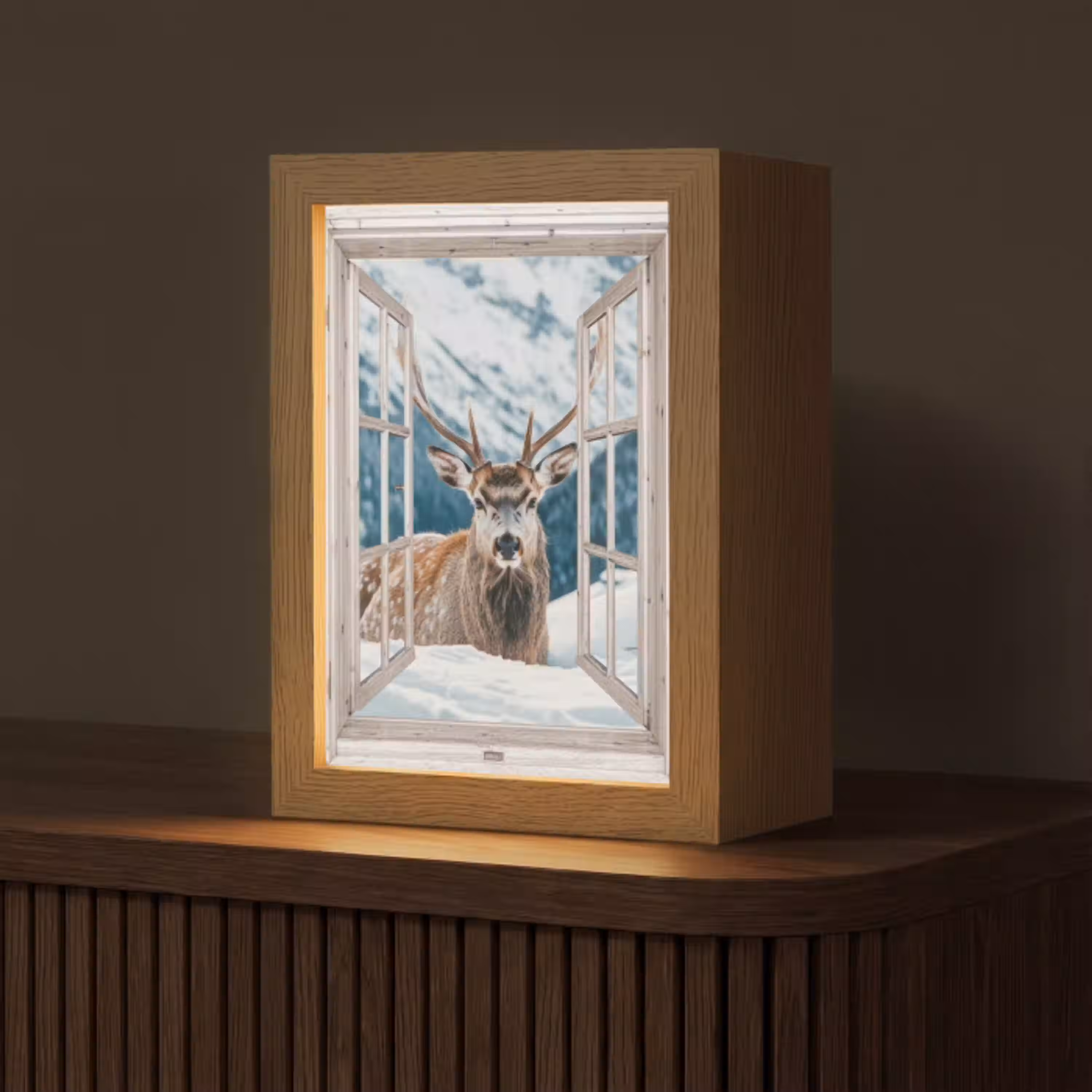 Hert - Winterlandschap - Natuur - Dieren - Doorkijk - Bergen Light Box met kabel (Tafellamp) klein -z3d_website