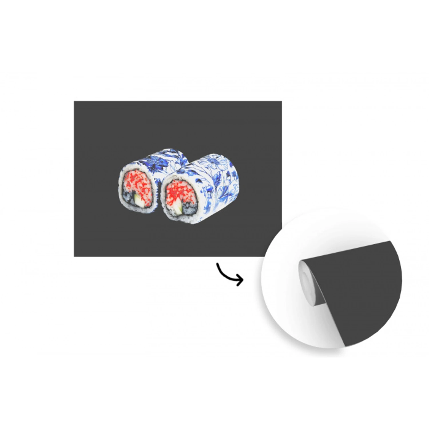 Sushi - Delfts blauw - Rijst - Vis - Elegant fotobehang vinyl groot -3d