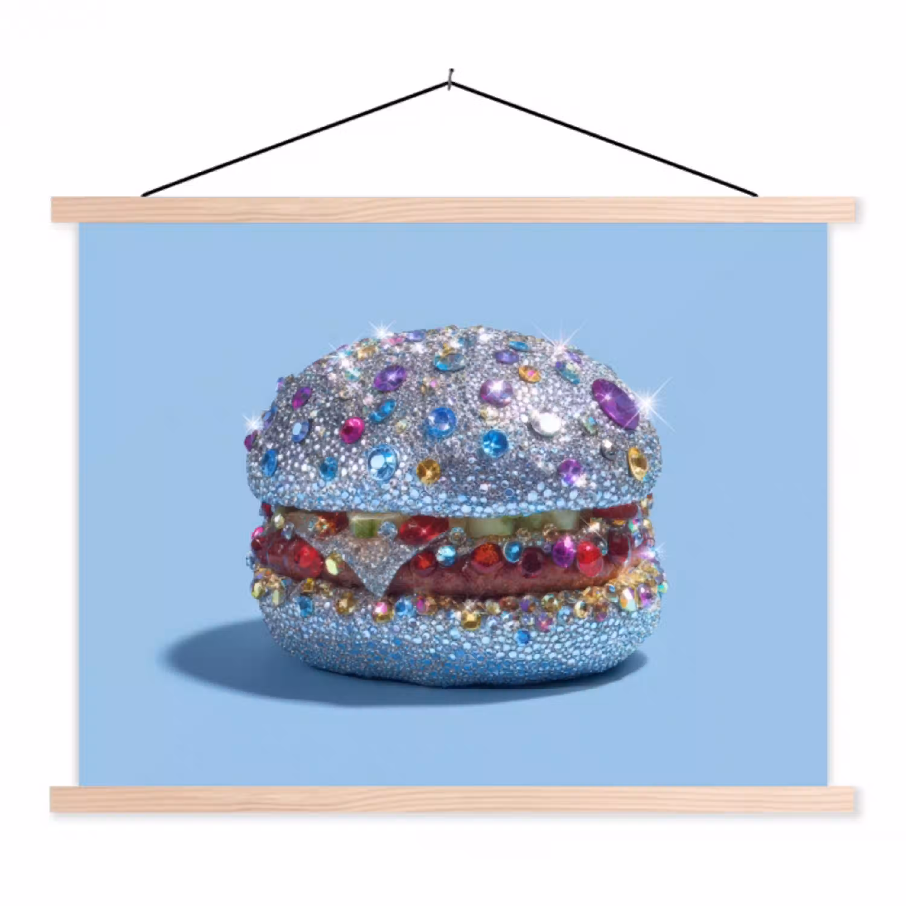 Glitters - Hamburger - Blauw textielposter latten blank klein -3d