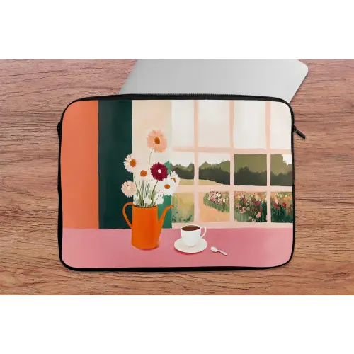 Bloemen - Koffie - Raam laptophoes neopreen klein -tafel