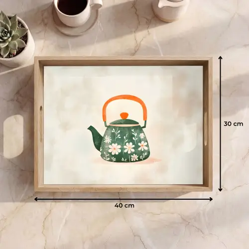 Theepot - Groen - Bloemen - Oranje Dienblad Rechthoek middel -USP_Formaat
