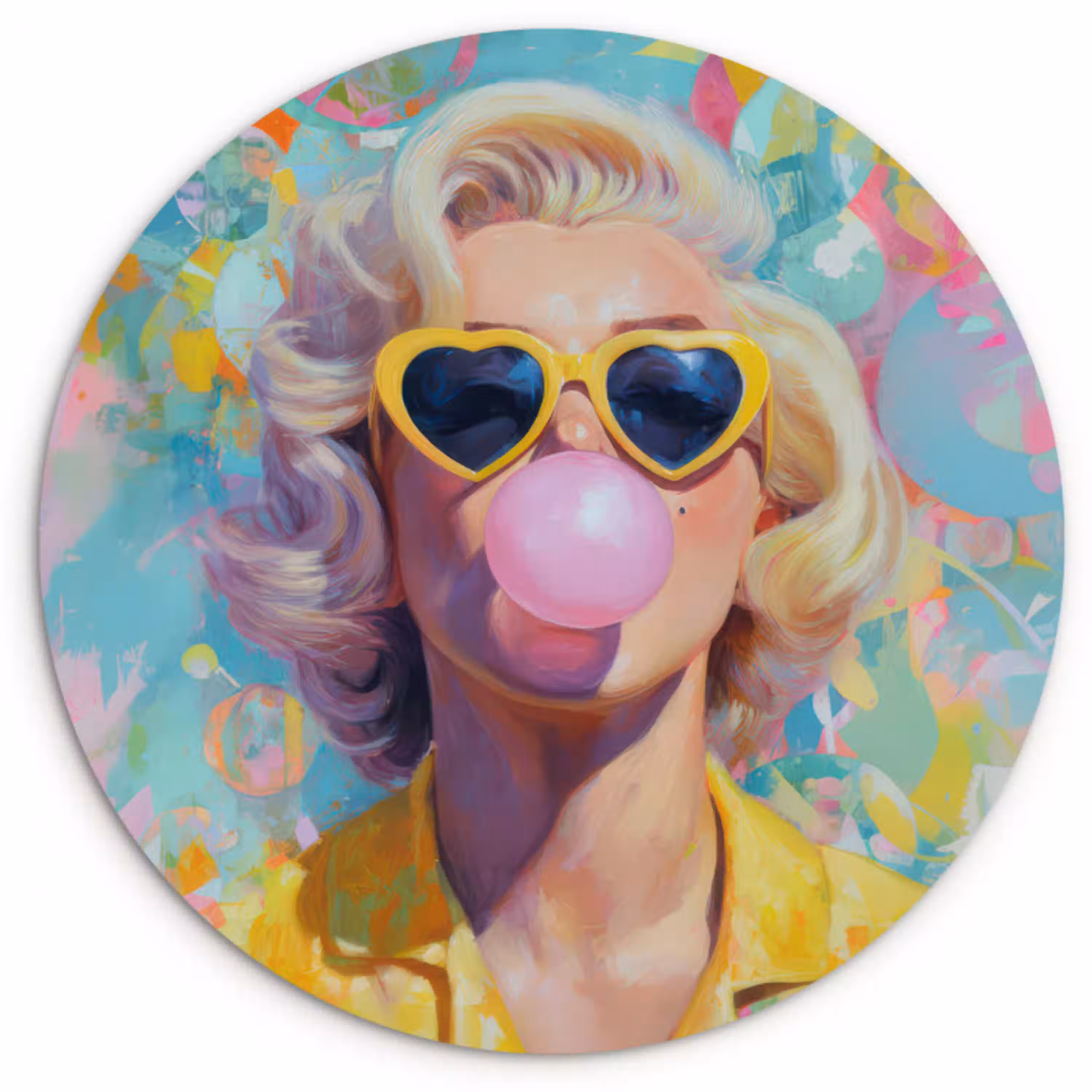 Vrouw - Blond - Roze kauwgom - Kleurrijk - Pastel Wandcirkel kunststof plaat 5mm dik klein -3d