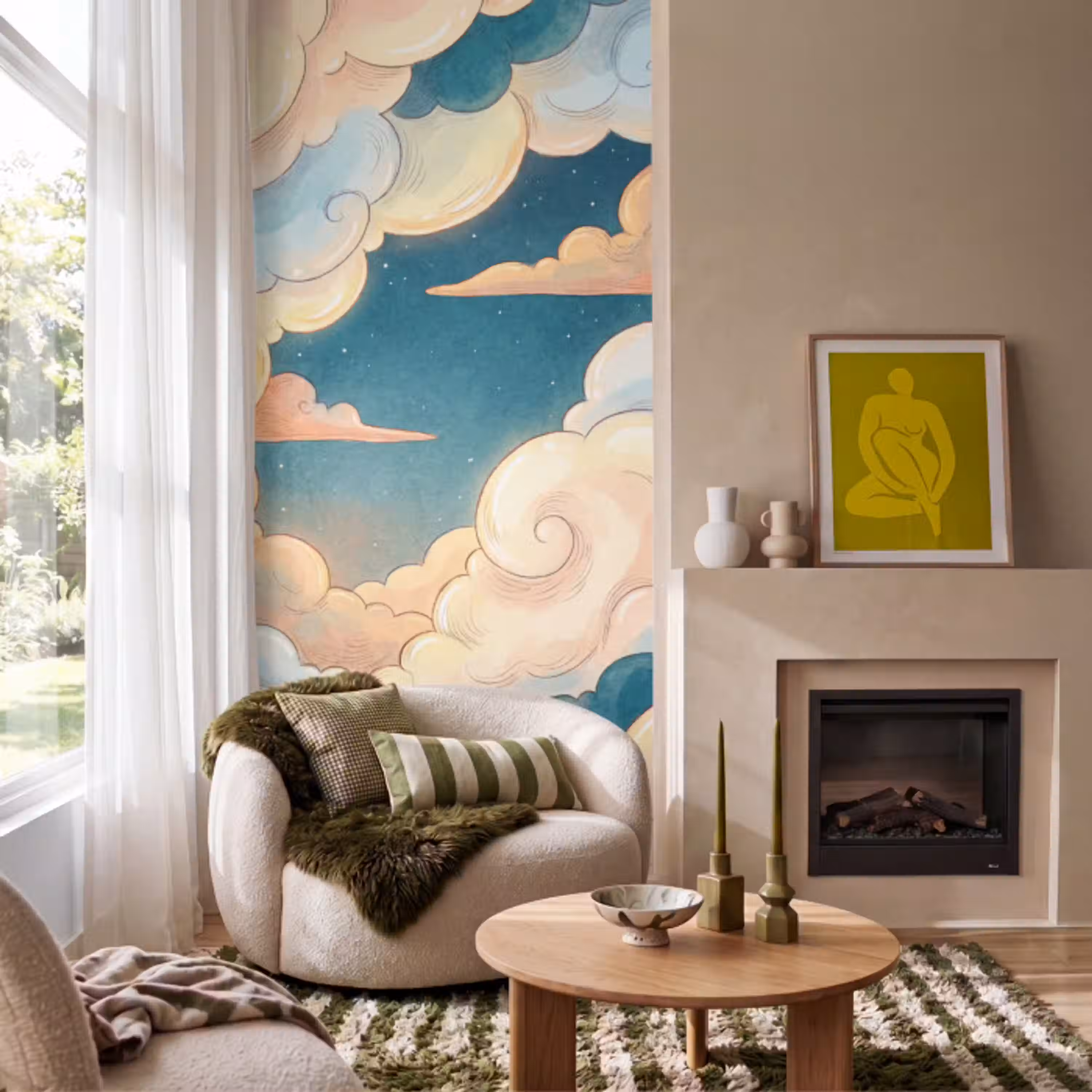 Wolk - Lucht - Natuur - Illustratief - Oranje Behang Vlies klein -sfeer2