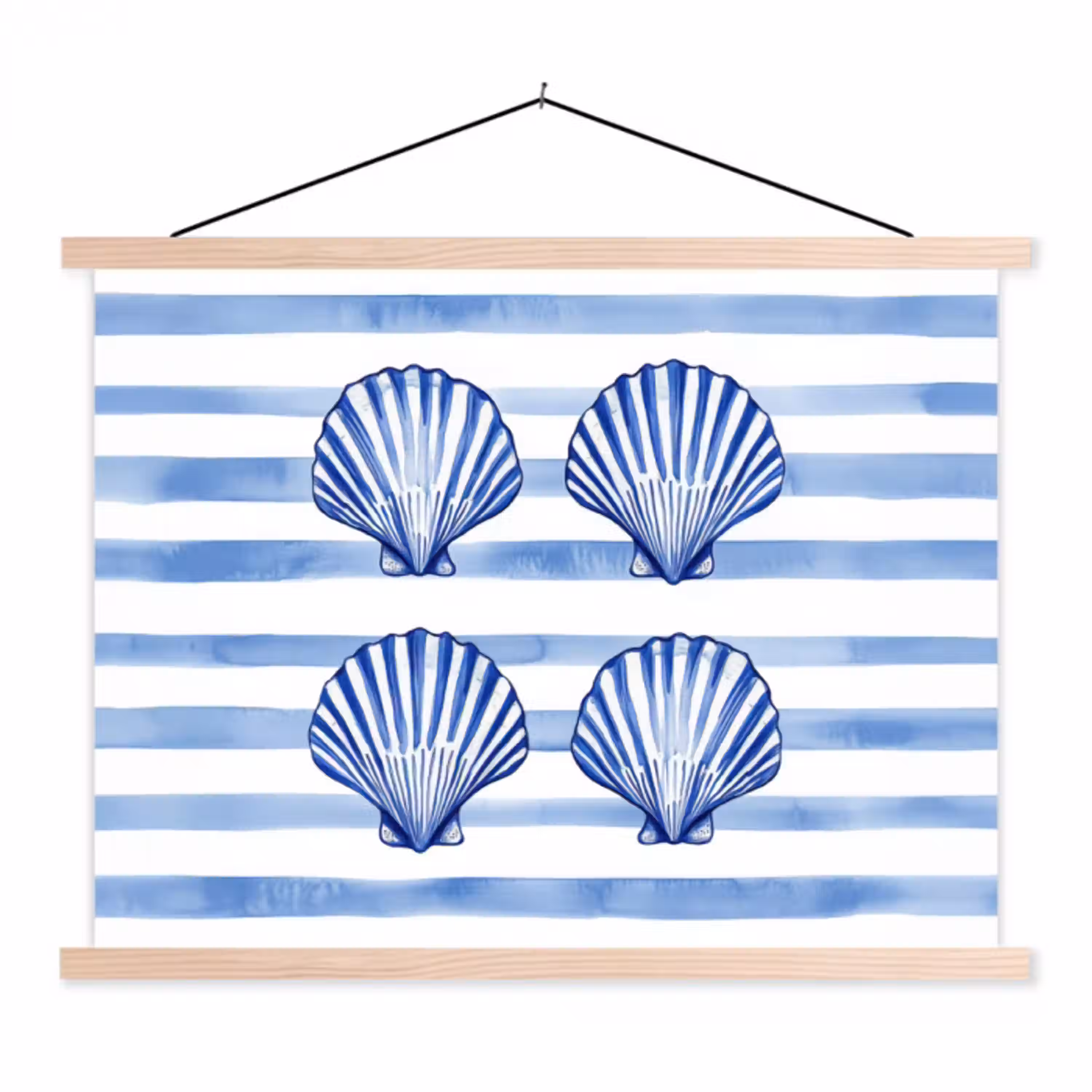 Vier schelpen - Blauw - Wit - Strepen textielposter latten blank klein -3d