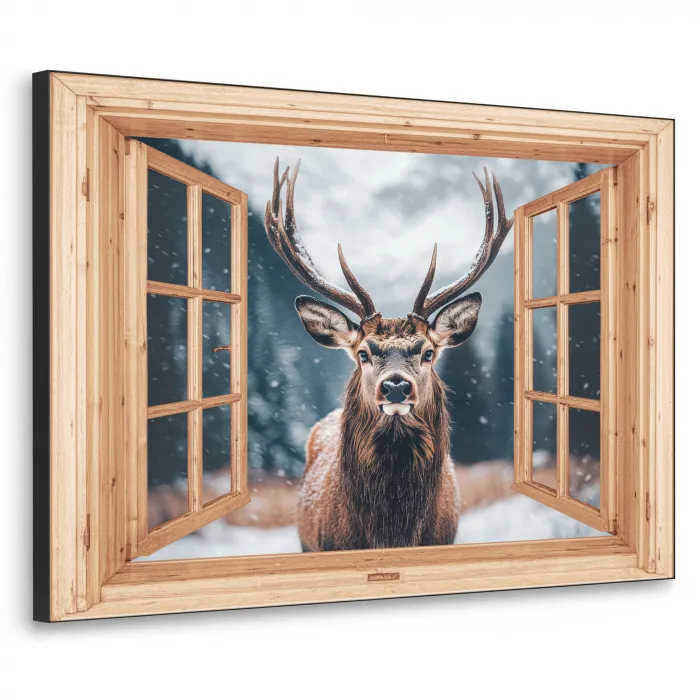 Doorkijk - Hert - Dieren - Winterlandschap - Sneeuw Textielframe - compleet frame klein -3d