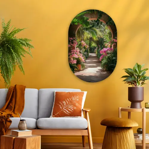 Doorkijk - Tropisch - Bloemen - Natuur Wandcirkel Ovaal Glas middel -sfeer4