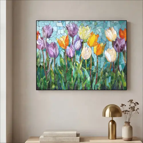Mozaïek - Veld - Tulpen - Kleurrijk Textielframe zwart klein -sfeer2