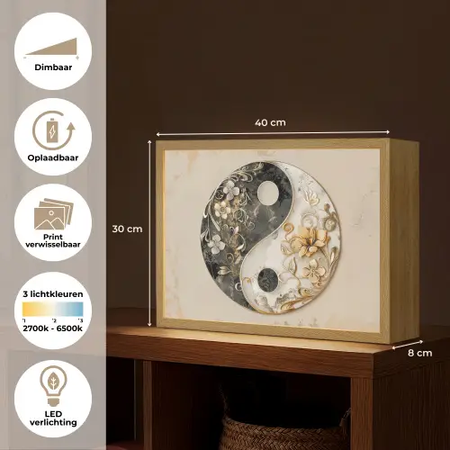 Yin Yang - Bloemen - Zwart - Wit - Vintage Light Box met batterij (Wandlamp) middel -USP_websiteoverzichtNL