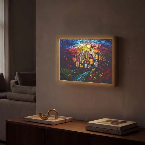 Stad - Maan - Mozaïek - Kleurrijk Light Box met batterij (Wandlamp) middel -sfeer1