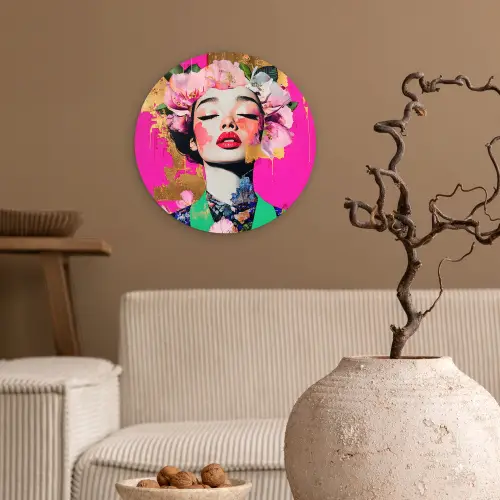 Bloemenkroon - Goud - Vrouw - Portret Wandcirkel kunststof plaat 5mm dik klein -sfeer1