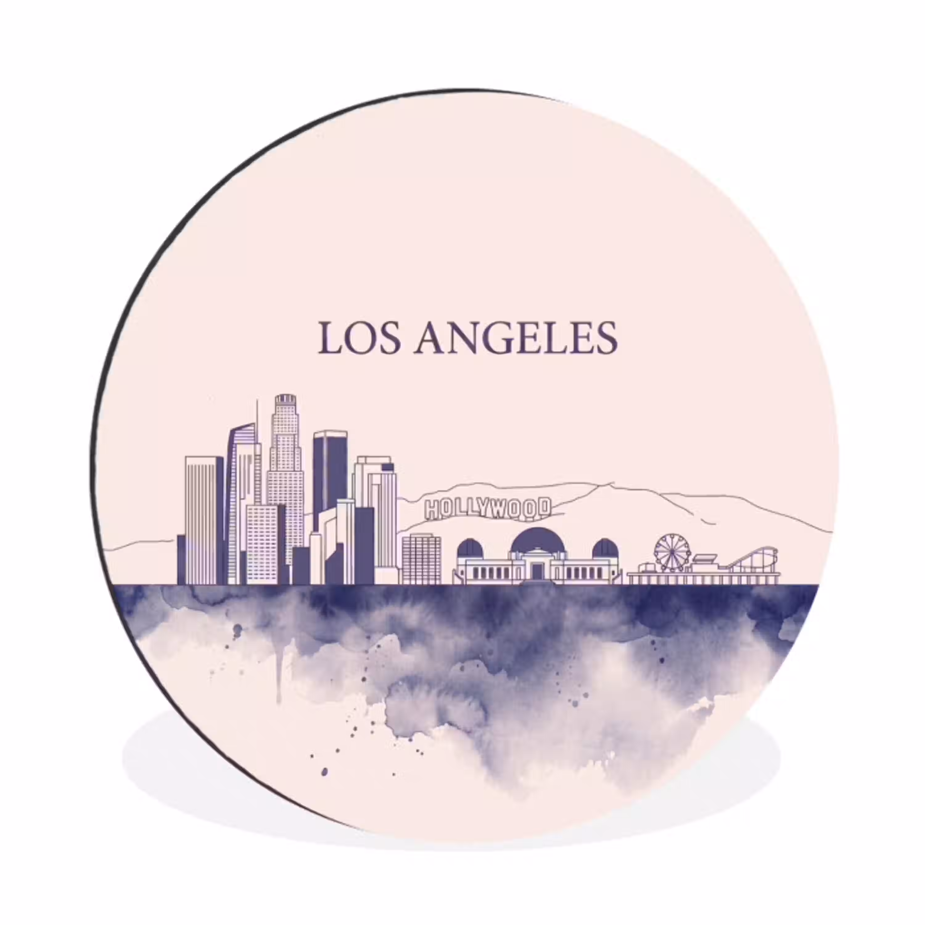 Los Angeles - Skyline - Architectuur - Aquarel - Blauw Wandcirkel aluminium klein -3d