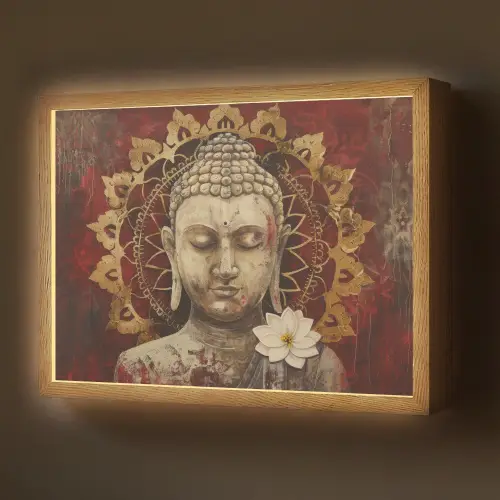 Boeddha - Mandala - Bloem - Rood - Goud - Zen Light Box met batterij (Wandlamp) middel -z3d_website
