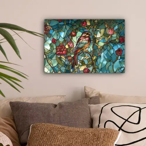 Vogel - Tak - Rozen - Mozaïek canvas 2cm klein -sfeer1