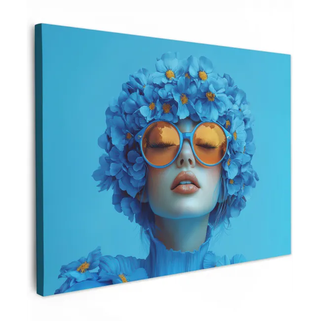 Canvas schilderij - Vrouw - Bloem - Blauw - Modern - Bril - Portret
