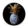 Ananas - Bloemen patroon - Goud - Delftsblauw Wandcirkel aluminium klein -3d