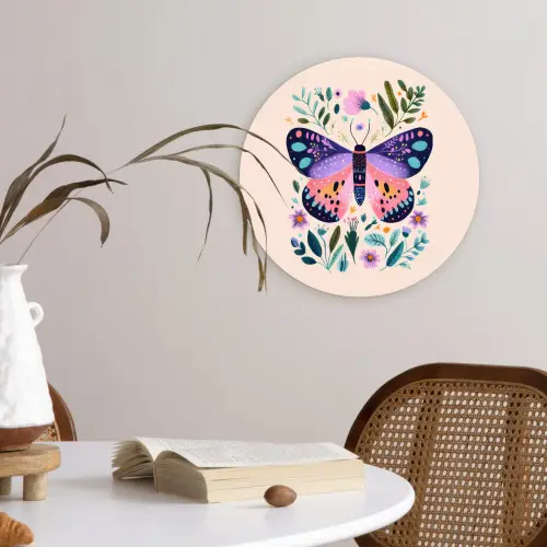 Bloemen - Bladeren - Vlinder - Kleurrijk Wandcirkel kunststof plaat 5mm dik klein -sfeer4