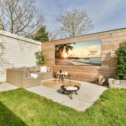 Strand - Palmbomen - Oceaan - Zonsondergang Tuinposter op houten frame 2 cm dik xxl -sfeer2