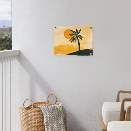 Illustratie - Palmboom - Zon - Heuvels tuinposter los doek klein -sfeer8
