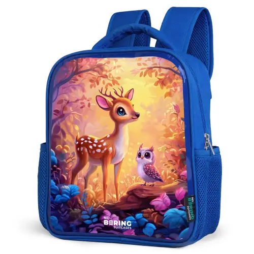 Hertje en uil in een roze sprookjesbos Kinderrugzak - Blauw middel -schuin