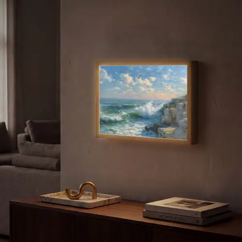 Zee - Golven - Rotsen - Meeuwen Light Box met batterij (Wandlamp) middel -sfeer1