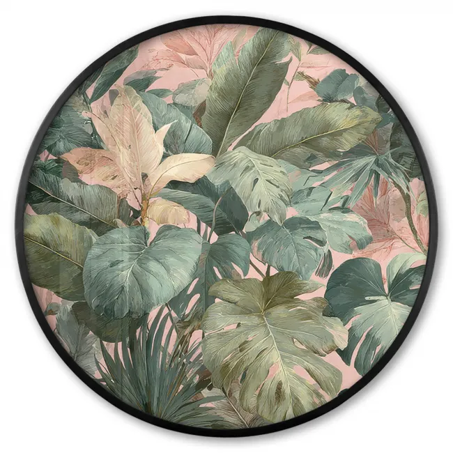 Photo Frame Round - Composition of leaves - Green - Pink