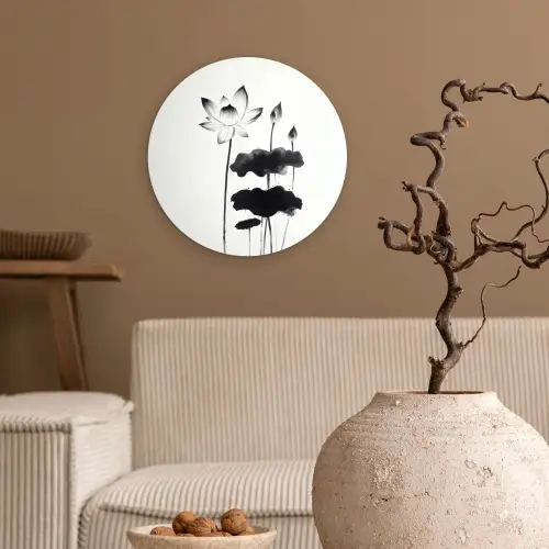 Bladeren - Zwart - Lotusbloem - Minimalitisch Wandcirkel kunststof plaat 5mm dik klein -sfeer1