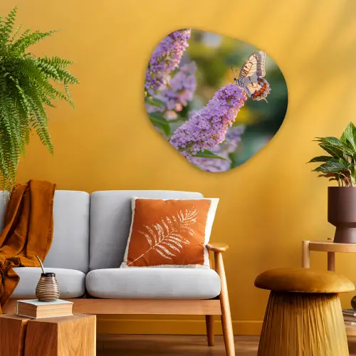 Sierlijke - Vlinder - Paarse - Bloemen Wandcirkel Organisch Plexiglas middel -sfeer4