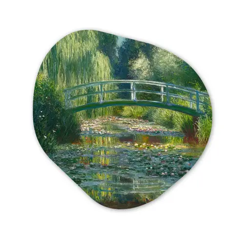 Brug - Hout - Vijver - Waterlelies Wandcirkel Organisch Plexiglas middel -3d
