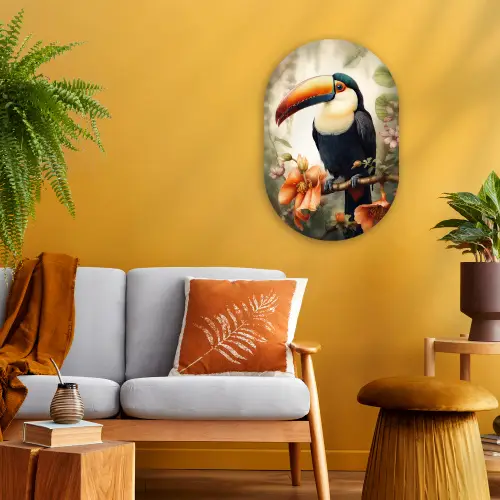 Toekan - Vogel - Bloemen - Planten Wandcirkel Ovaal Forex klein -sfeer4