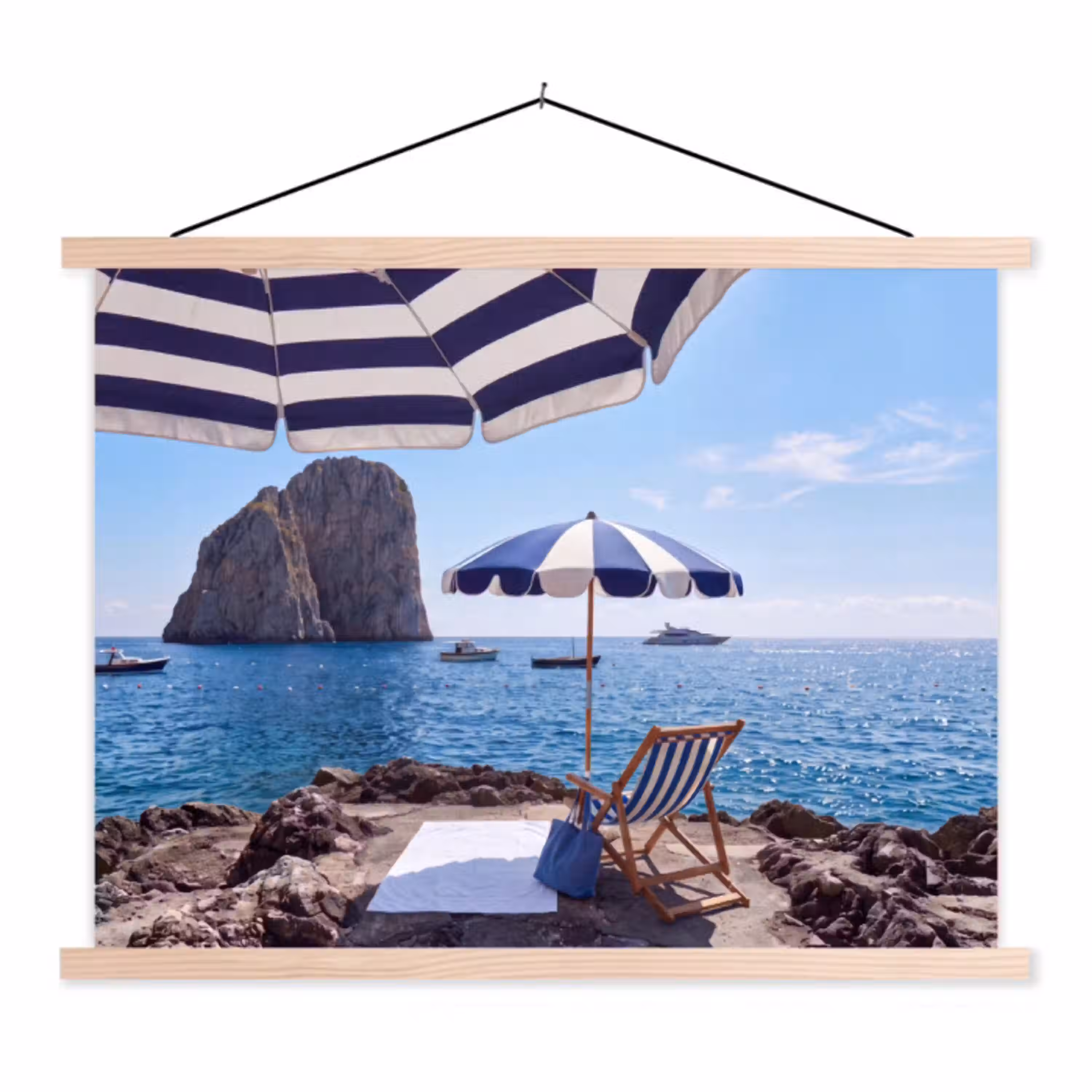 Strand - Ligstoel - Parasol - Zomer - Blauw textielposter latten blank klein -3d