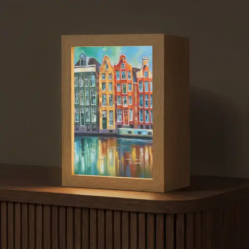 Amsterdam - Olieverf - Gracht - Schilderij - Kunst Light Box met kabel (Tafellamp) klein -z3d_website
