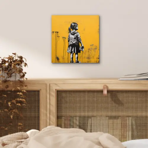 Meisje - Boek - Gele Muur - Graffiti aluminium wit klein -sfeer3