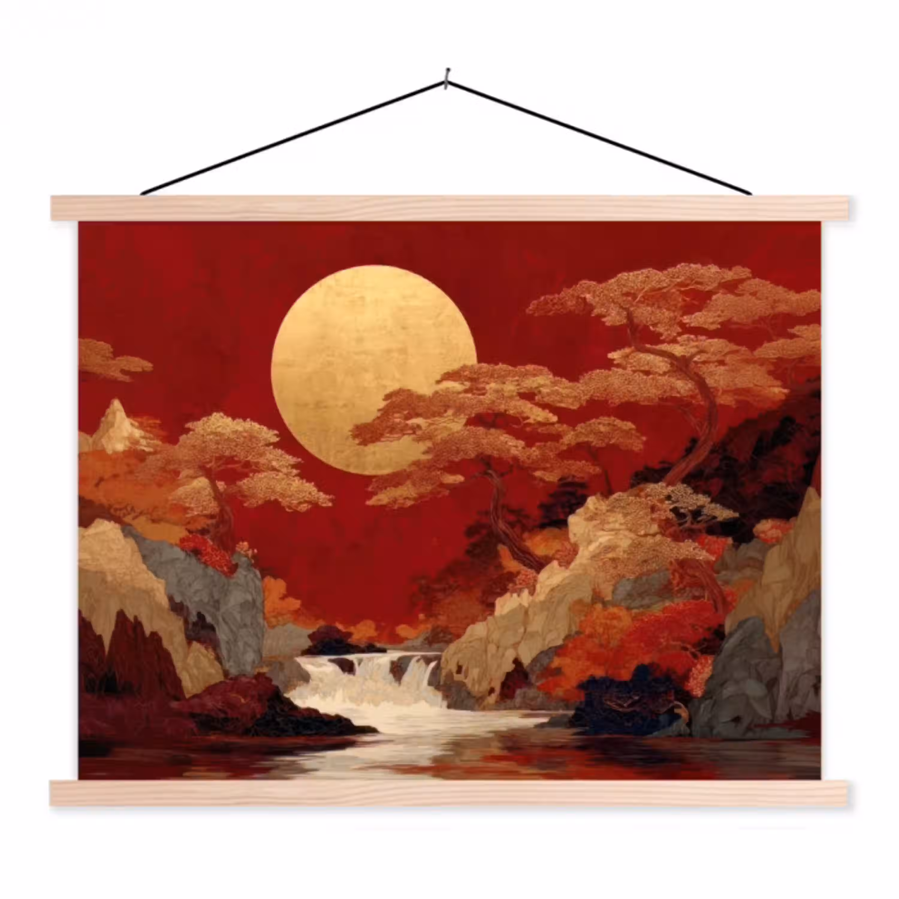 Volle maan - Landschap - Waterval textielposter latten blank klein -3d