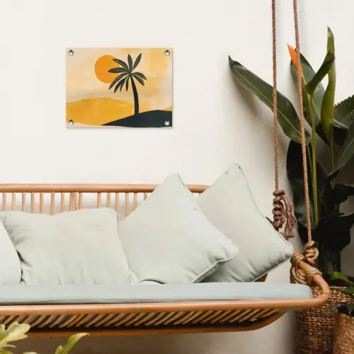 Illustratie - Palmboom - Zon - Heuvels tuinposter los doek klein -sfeer7