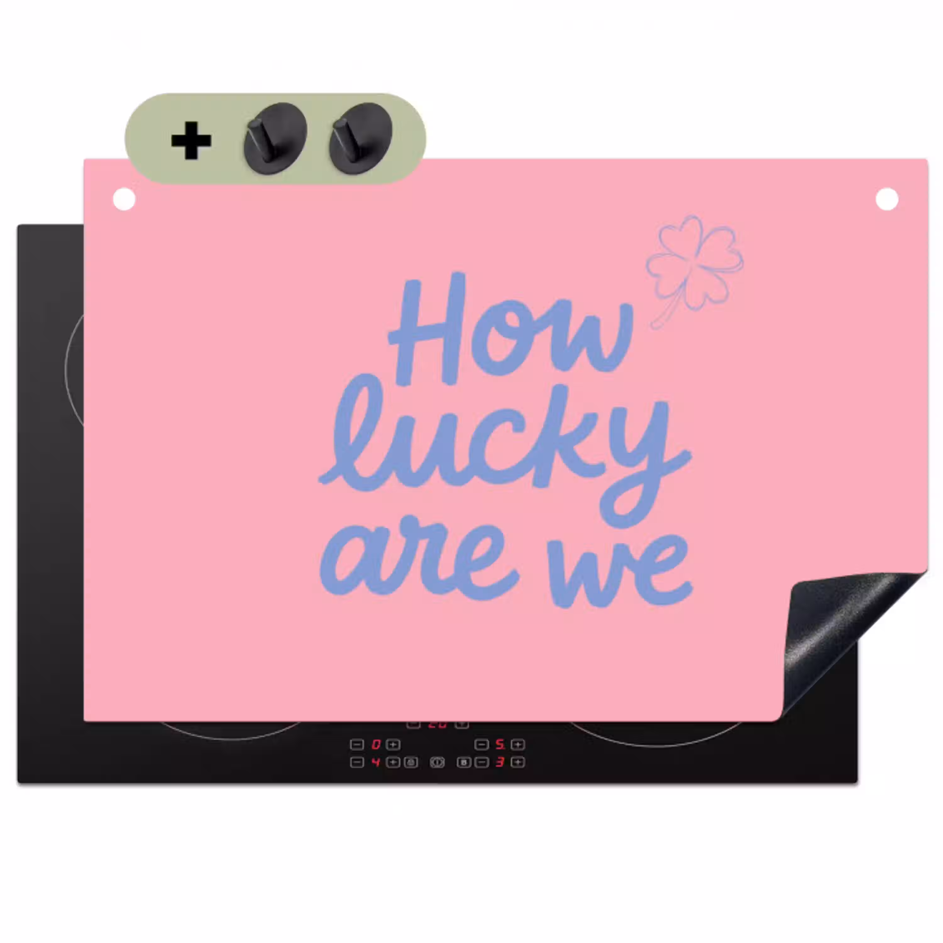 How lucky are we - Klavervier - Roze - Blauw Inductie beschemer met haakjes klein -3d