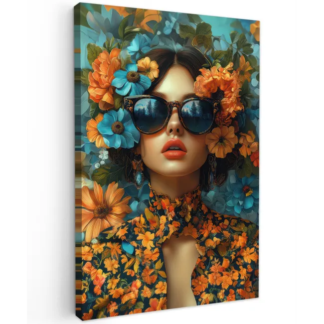 Vrouw - Bloemen - Oranje - Blauw - Modern Tuinposter op houten frame 2 cm dik klein -3d