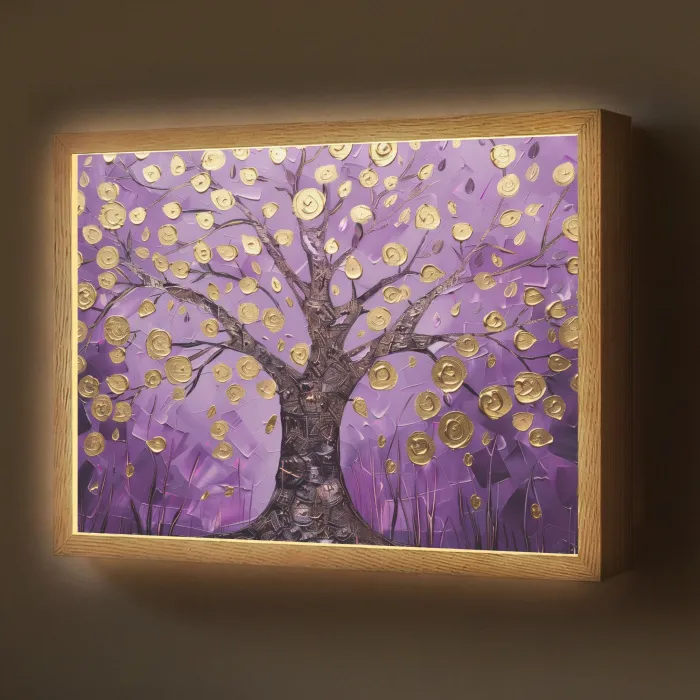 Levensboom - Boom - Paars - Goud - Modern Light Box met batterij (Wandlamp) middel -z3d_website