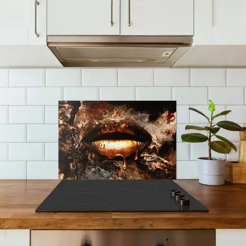 Goud - Lippen - Kunst keuken achterwand spatscherm klein -sfeer2