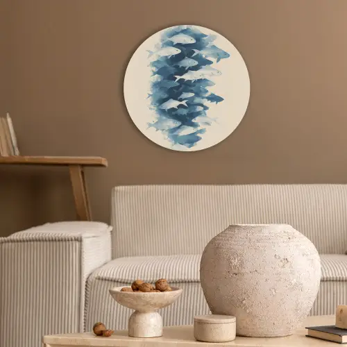 Vissen - Minimalistisch - Blauw Akoestische PET Vilt - Rond klein -sfeer1