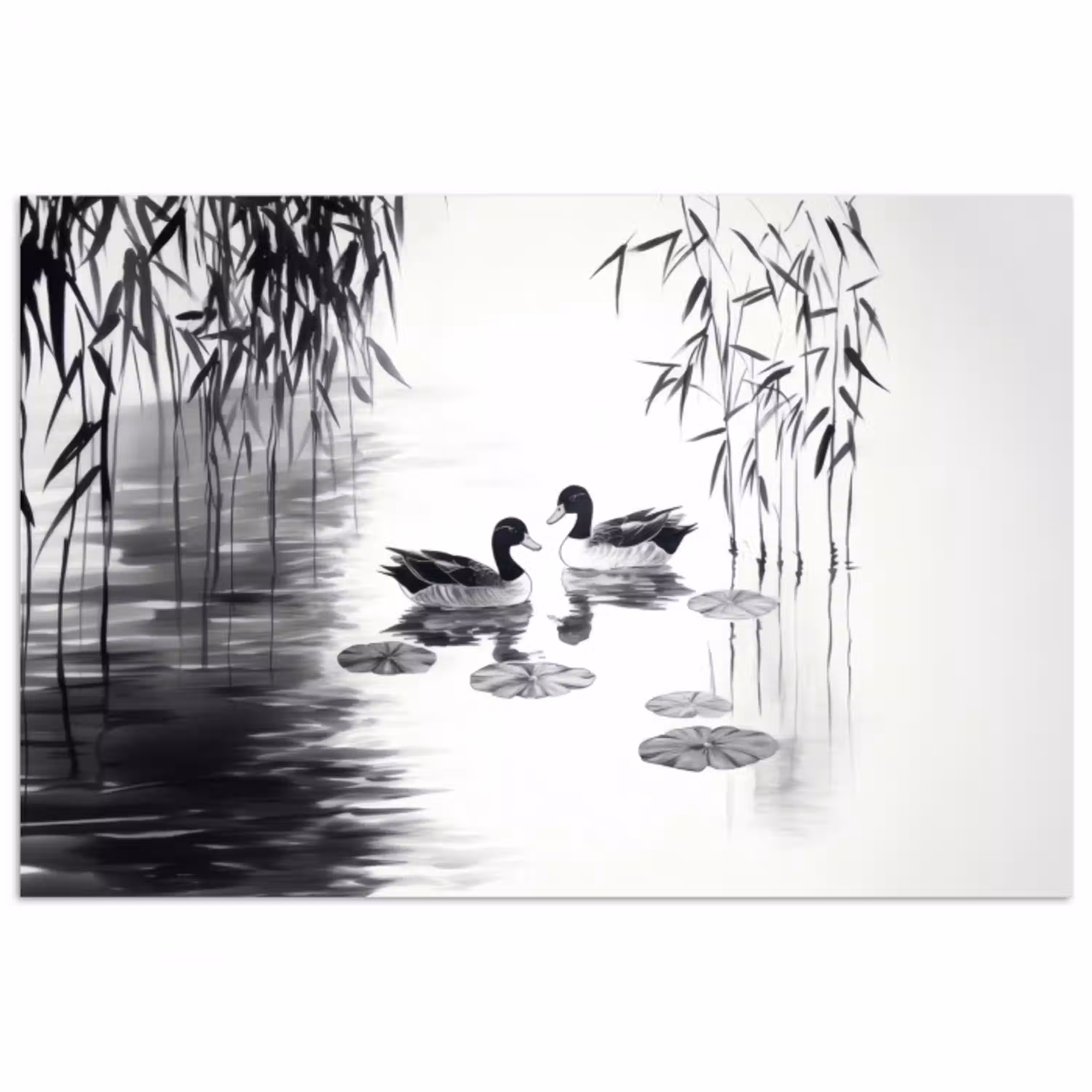 Eenden - Waterlelies - Riet - Zwart poster papier klein -3d