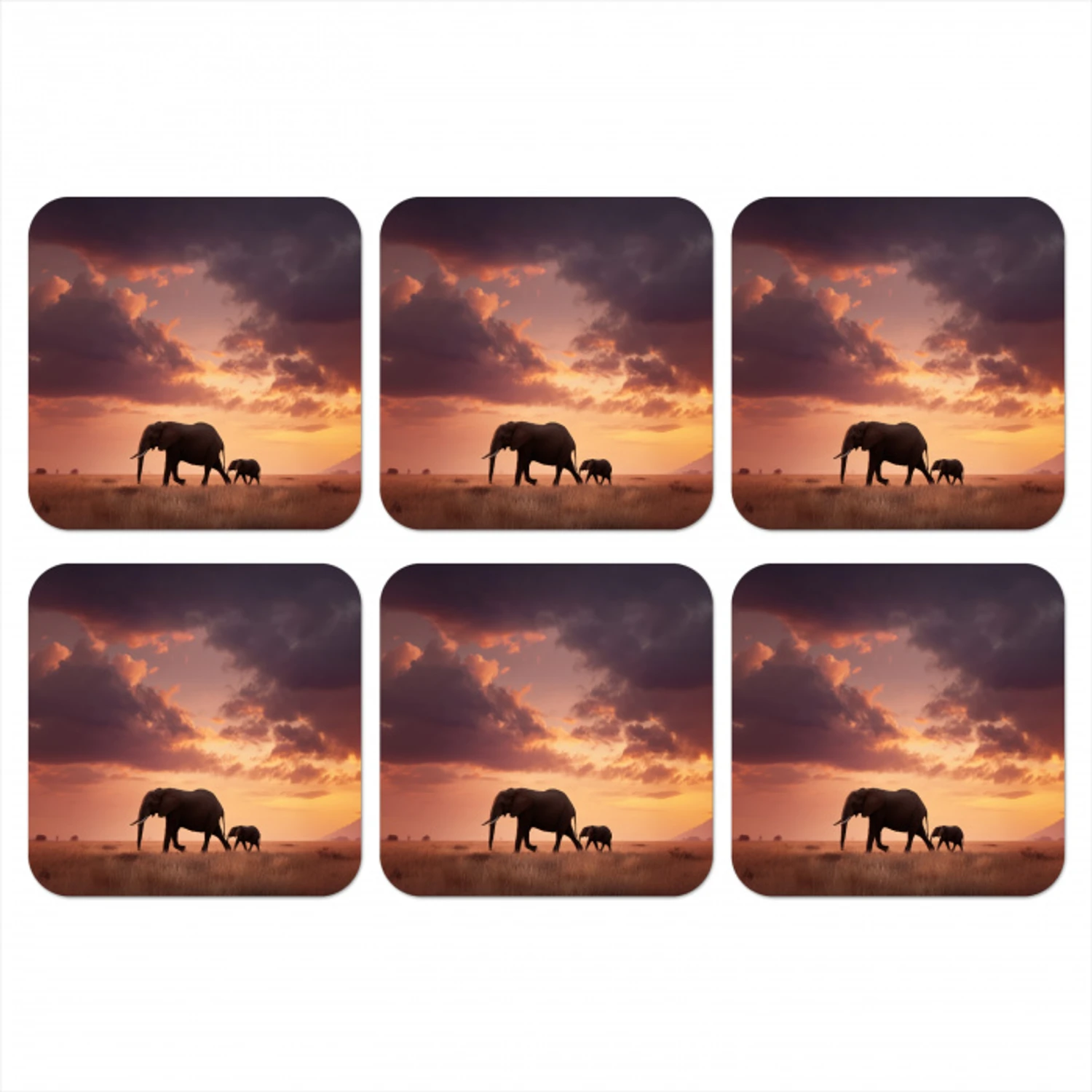 Olifanten - Grasland - Zonsondergang onderzetter kurk middel -3d