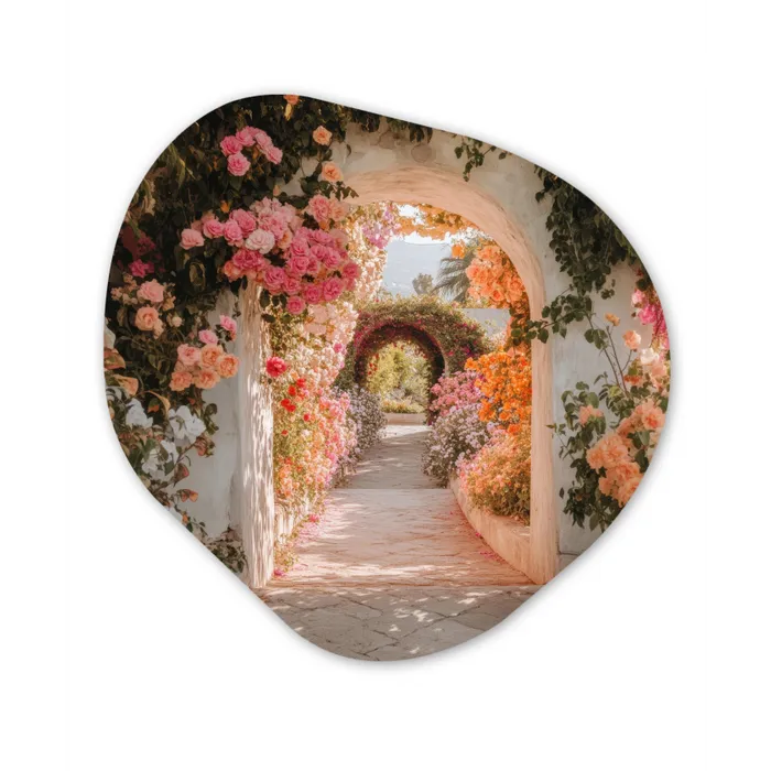 Doorkijk - Boog - Bloemen - Pastel Wandcirkel Organisch Plexiglas middel -3d