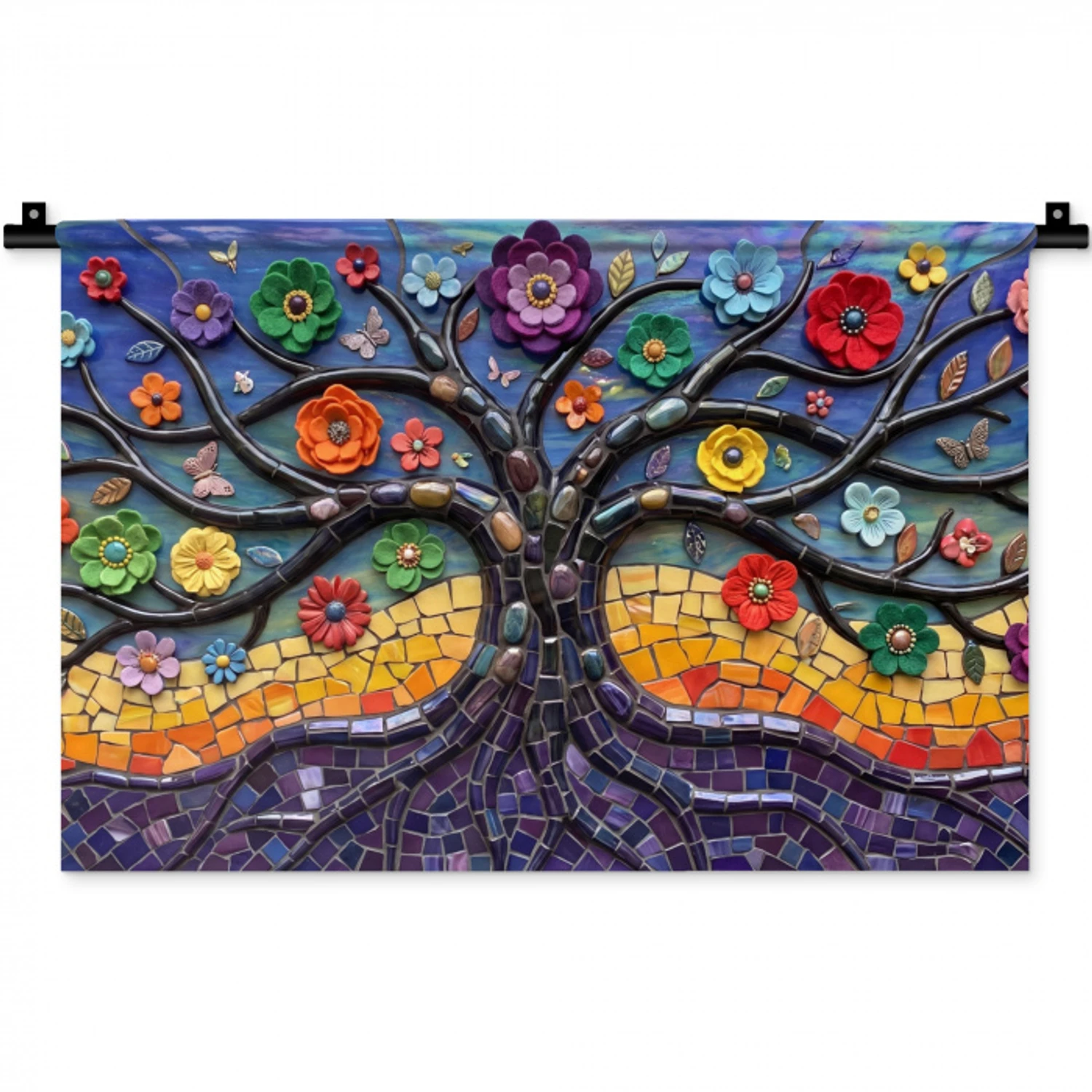 Levensboom - Mozaïek - Bloemen - Kleurrijk - Vrolijk Wandkleed katoen klein -zz3d